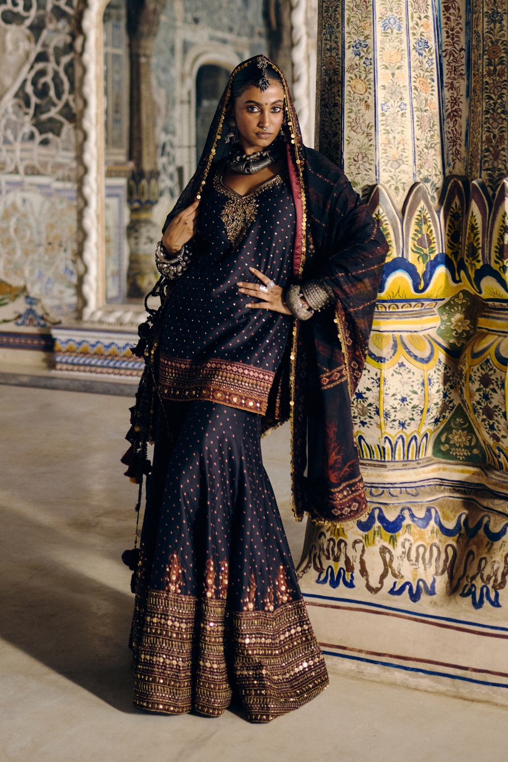 Midnight Navy Sharara Set with Antique Gold Embroidery and Heritage Border Dupatta