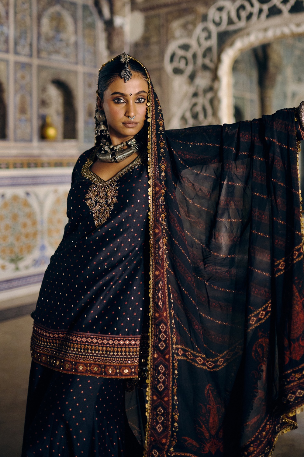 Midnight Navy Sharara Set with Antique Gold Embroidery and Heritage Border Dupatta