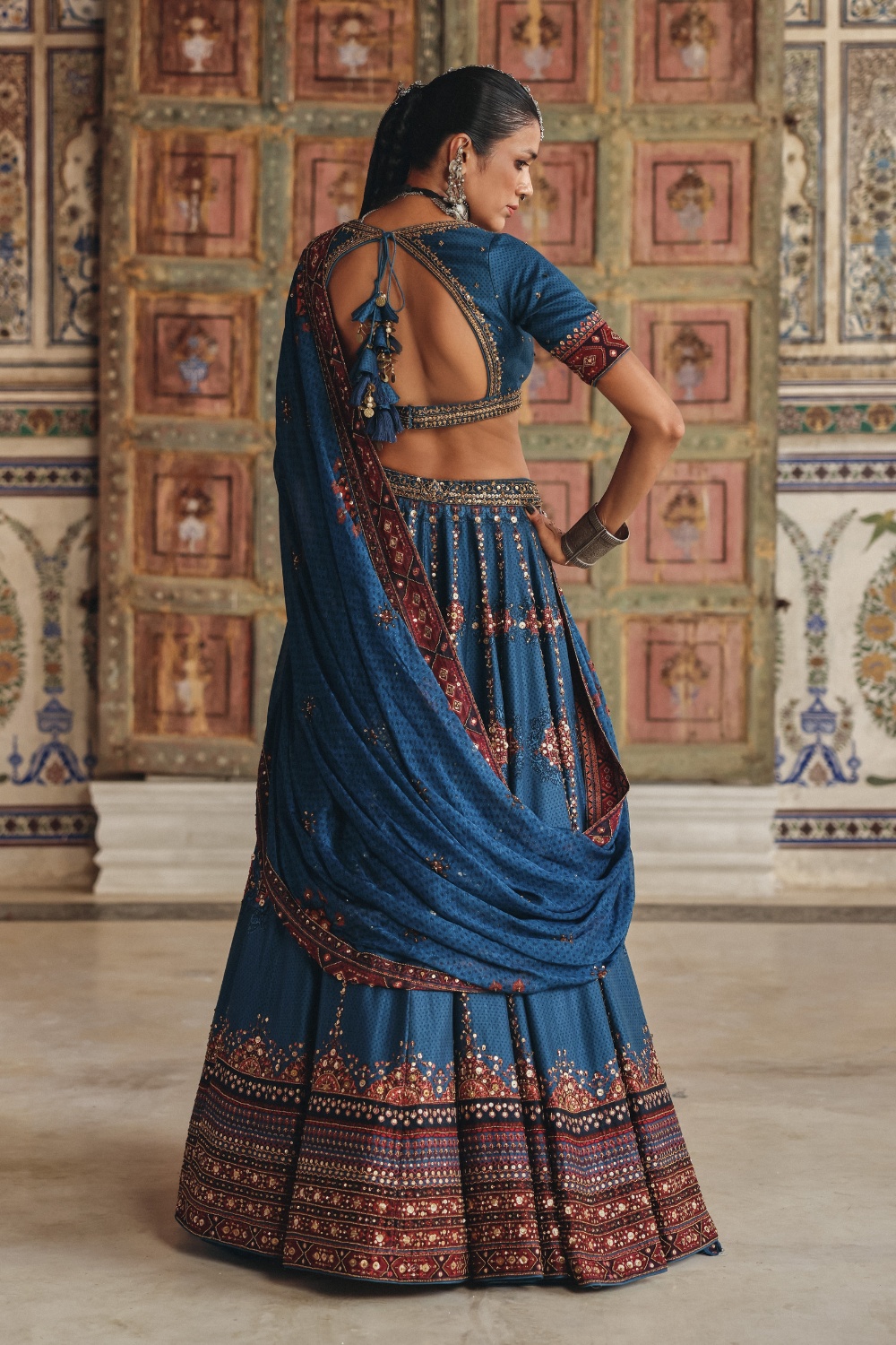Royal Blue Lehenga with Antique Gold Mirrorwork and Heritage Border Dupatta
