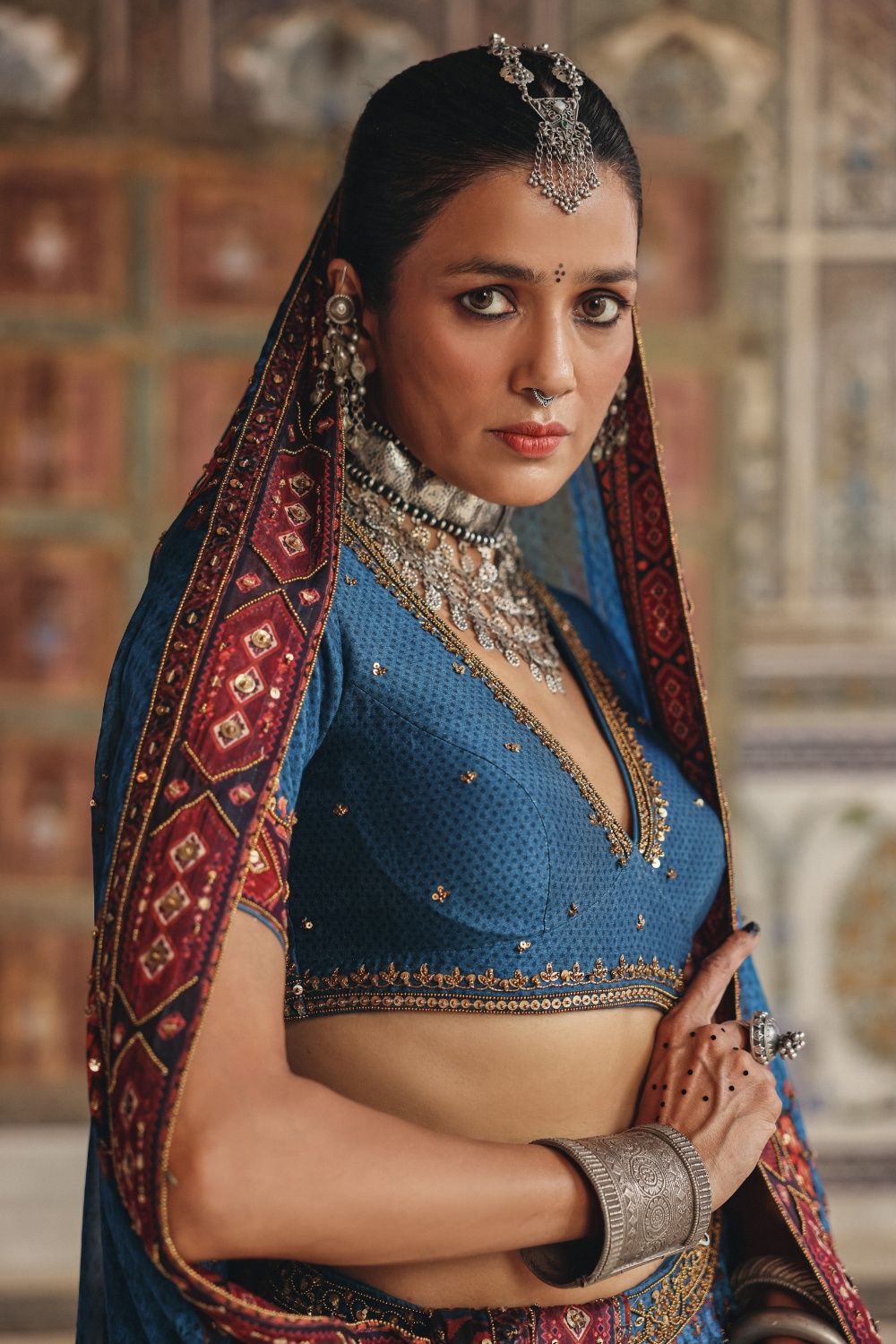 Royal Blue Lehenga with Antique Gold Mirrorwork and Heritage Border Dupatta