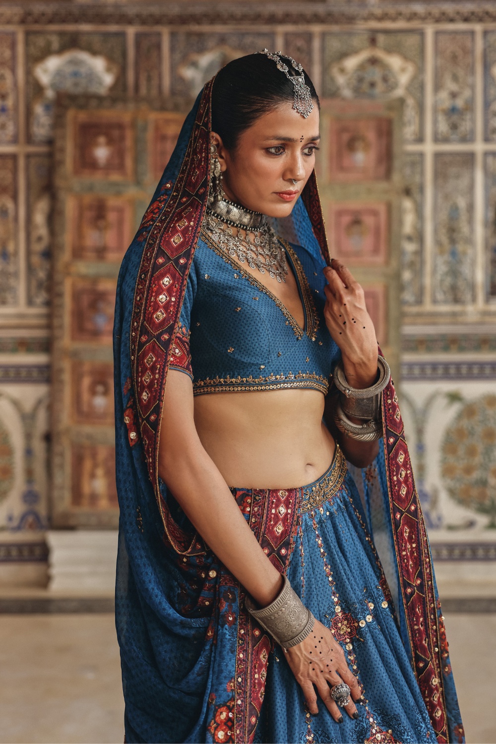 Royal Blue Lehenga with Antique Gold Mirrorwork and Heritage Border Dupatta