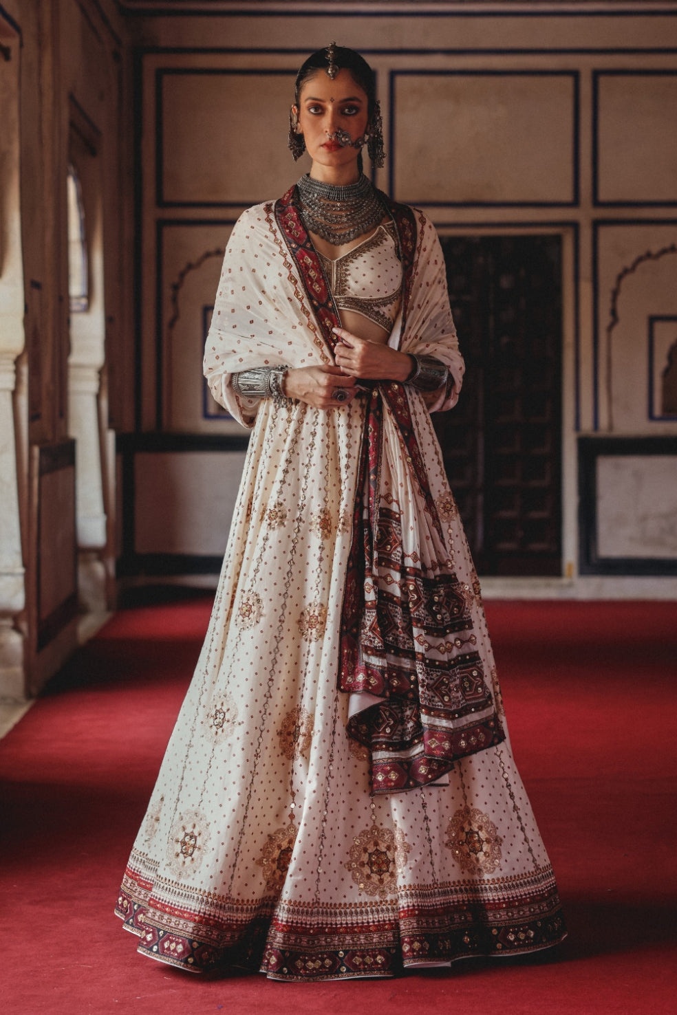 Ivory Lehenga with Antique Gold Embroidery and Heritage Border Dupatta