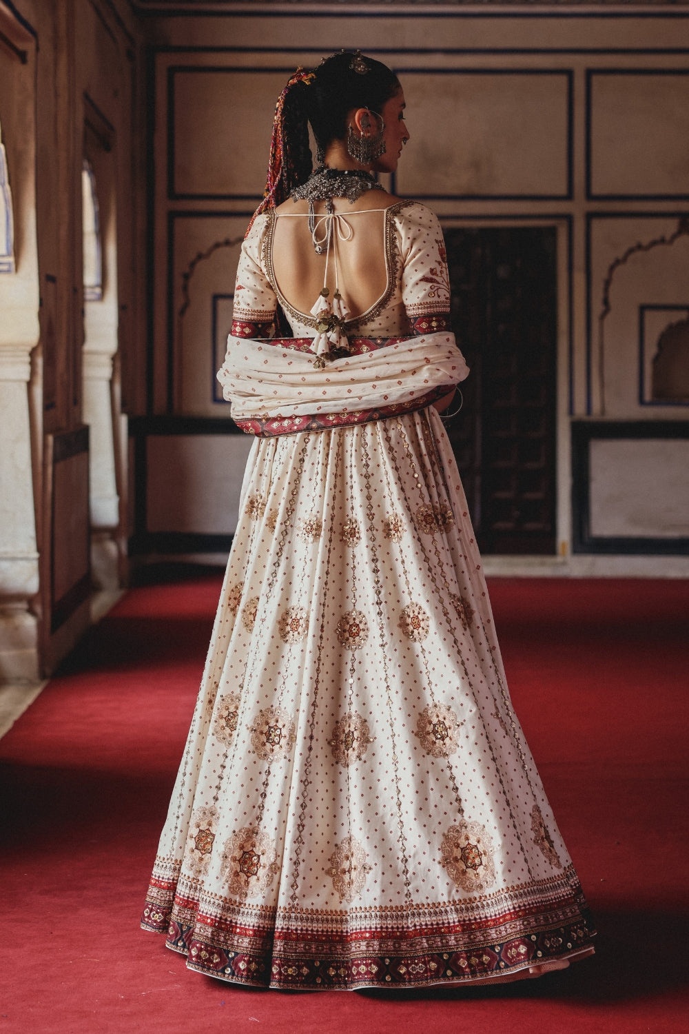 Ivory Lehenga with Antique Gold Embroidery and Heritage Border Dupatta