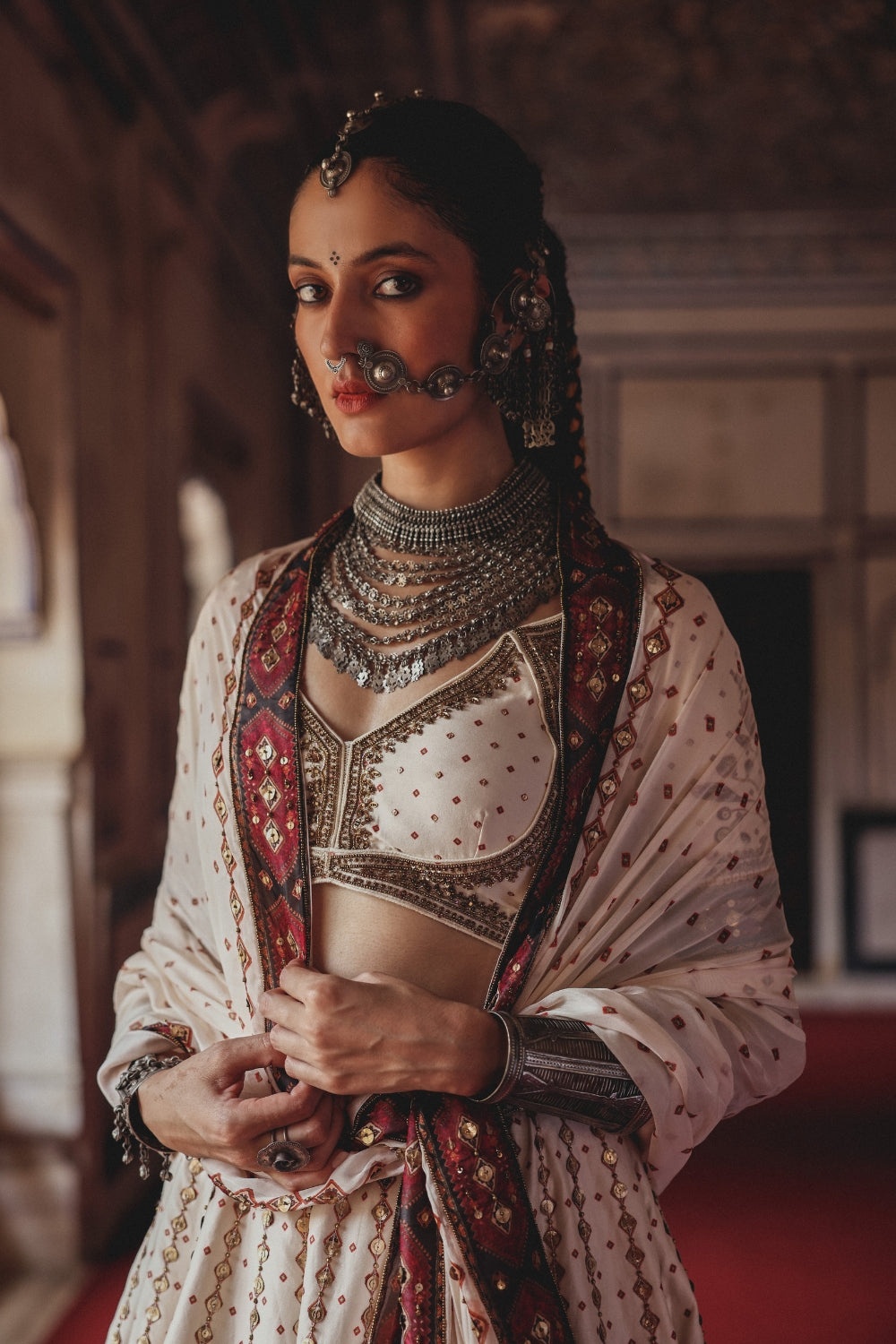 Ivory Lehenga with Antique Gold Embroidery and Heritage Border Dupatta