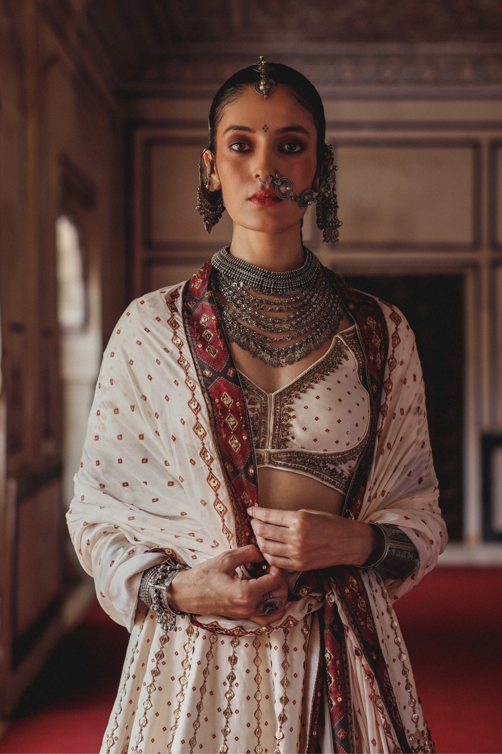 Ivory Lehenga with Antique Gold Embroidery and Heritage Border Dupatta