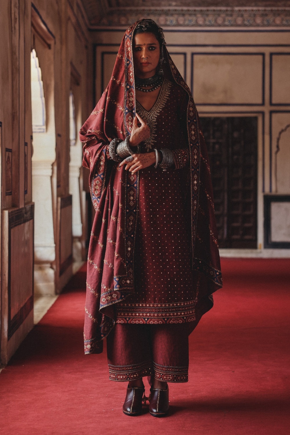 Deep Maroon Straight-Cut Kurta Set with Antique Gold Embroidery and Heritage Border Dupatta