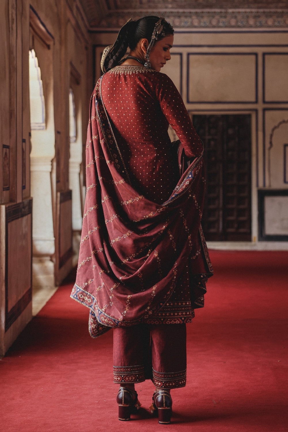 Deep Maroon Straight-Cut Kurta Set with Antique Gold Embroidery and Heritage Border Dupatta