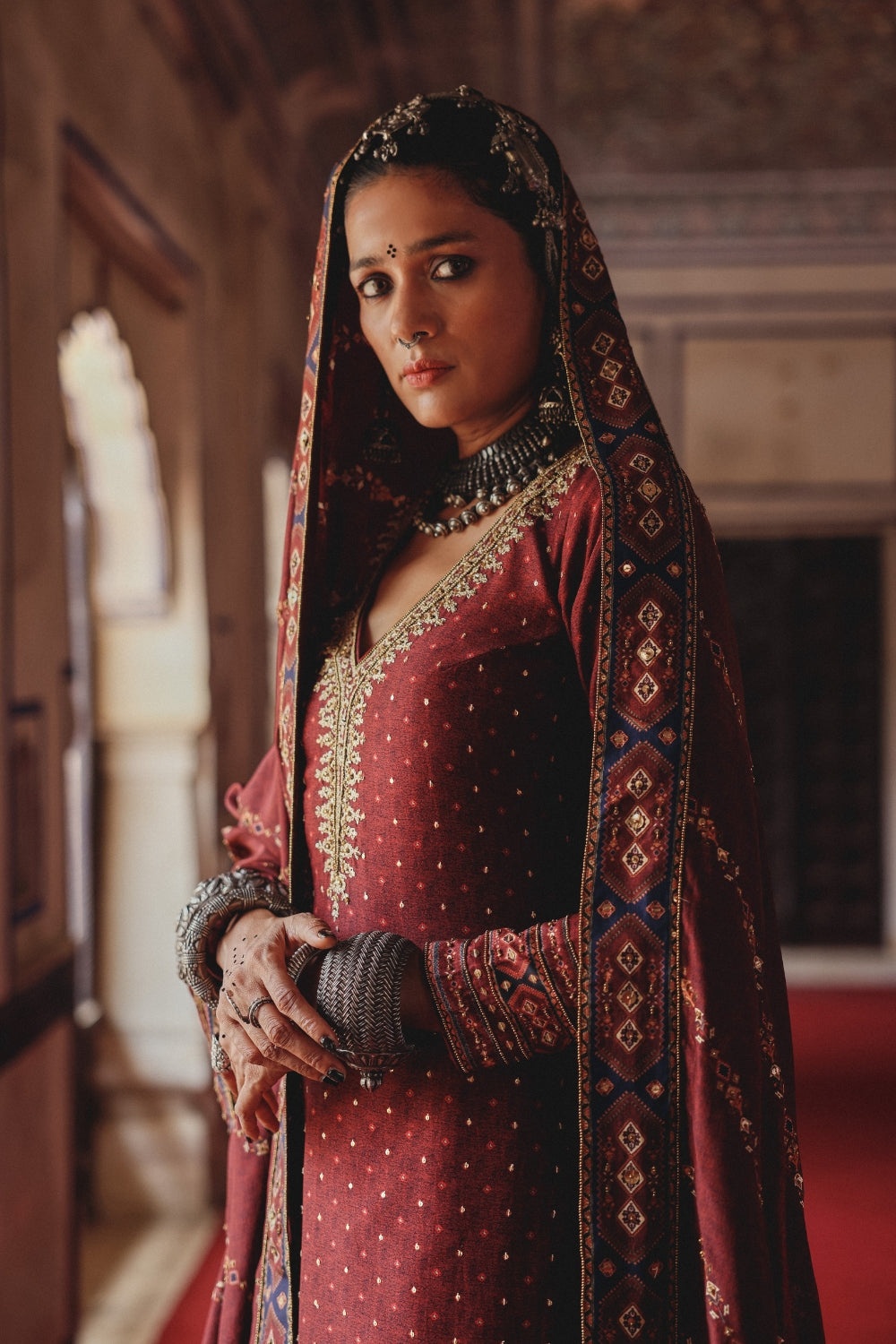 Deep Maroon Straight-Cut Kurta Set with Antique Gold Embroidery and Heritage Border Dupatta