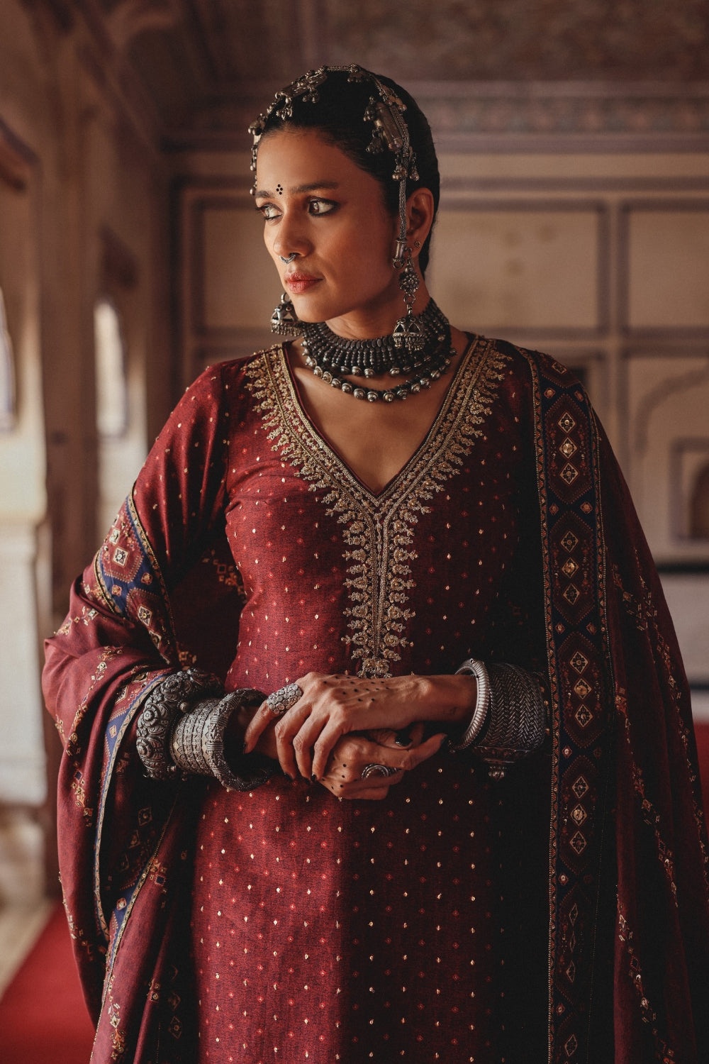 Deep Maroon Straight-Cut Kurta Set with Antique Gold Embroidery and Heritage Border Dupatta