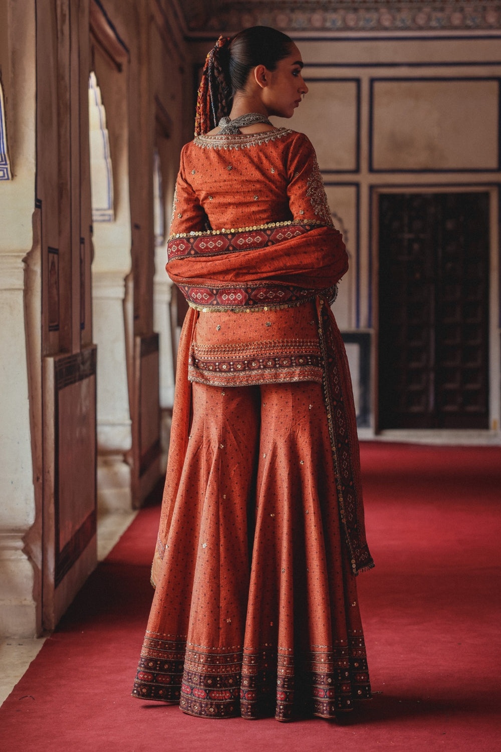 Rust Orange Sharara Set with Antique Gold Embroidery and Heritage Border Dupatta