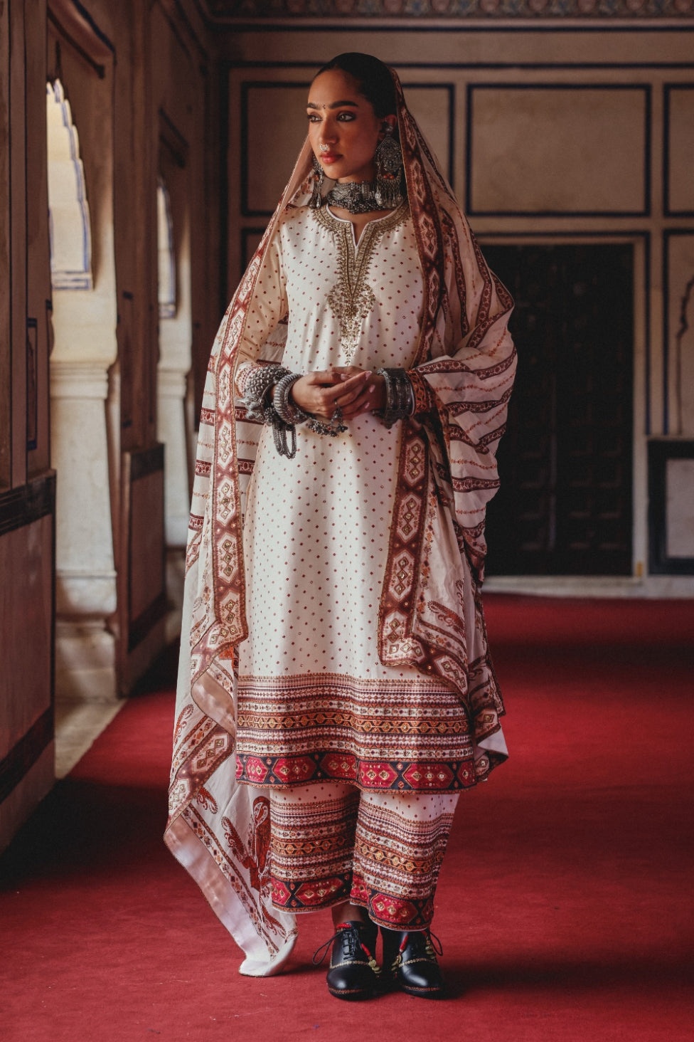 Ivory Kurta Set with Antique Gold Embroidery and Heritage Print Dupatta