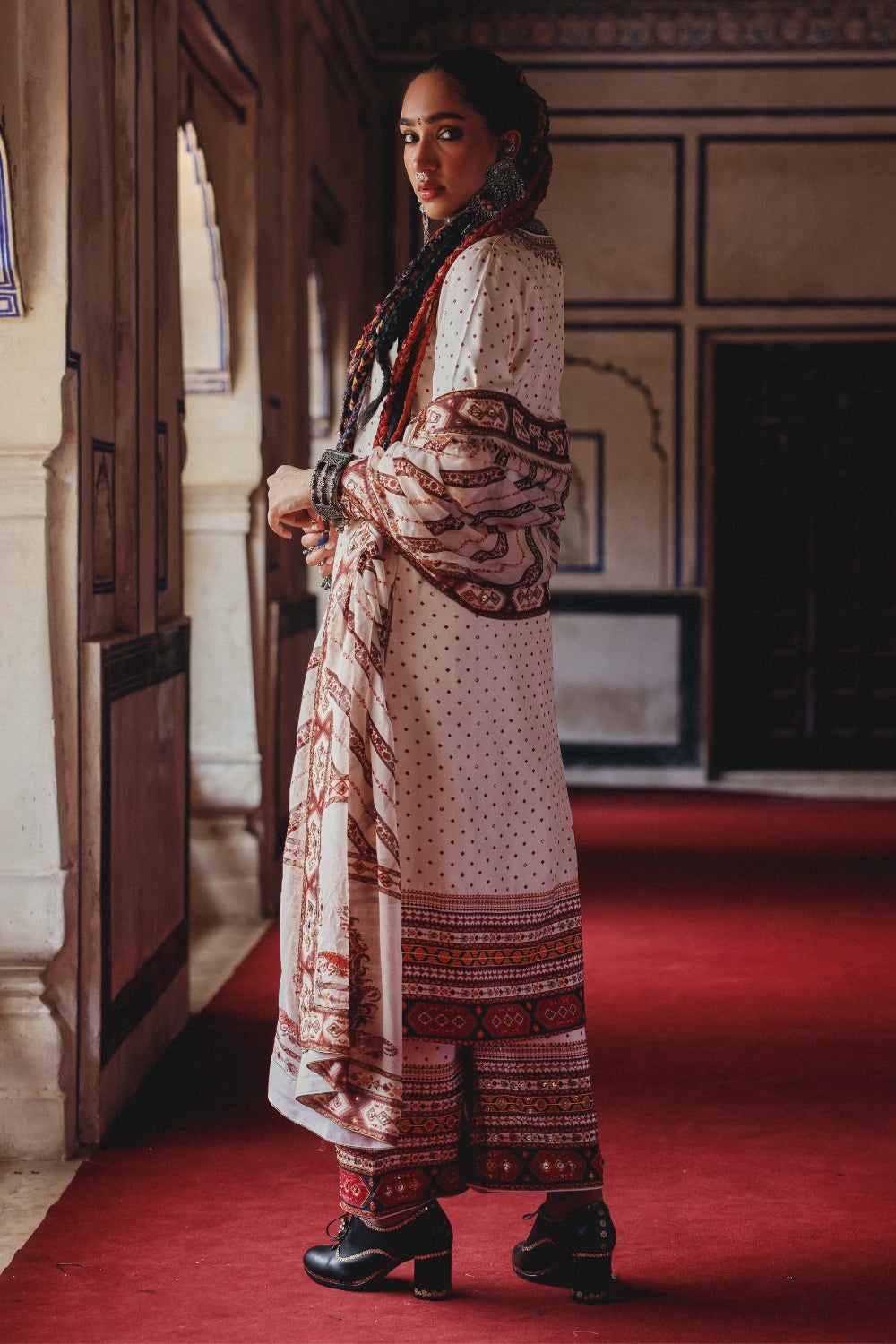 Ivory Kurta Set with Antique Gold Embroidery and Heritage Print Dupatta