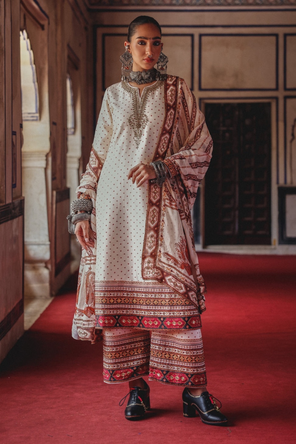 Ivory Kurta Set with Antique Gold Embroidery and Heritage Print Dupatta