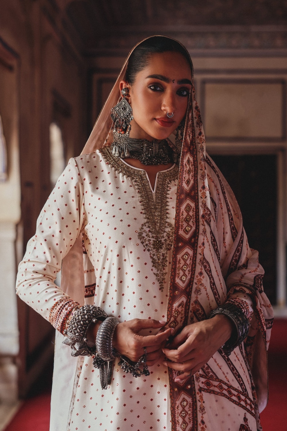 Ivory Kurta Set with Antique Gold Embroidery and Heritage Print Dupatta