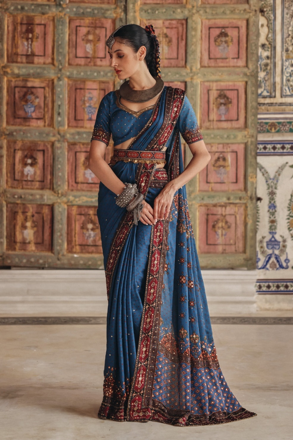 Teal Blue Sari with Antique Gold Motifs and Heritage Border Embroidery