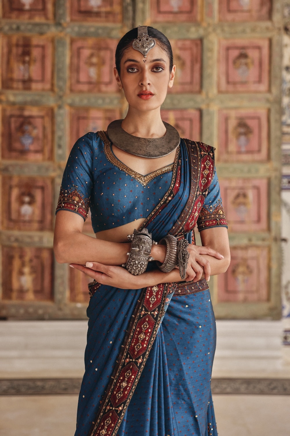 Teal Blue Sari with Antique Gold Motifs and Heritage Border Embroidery