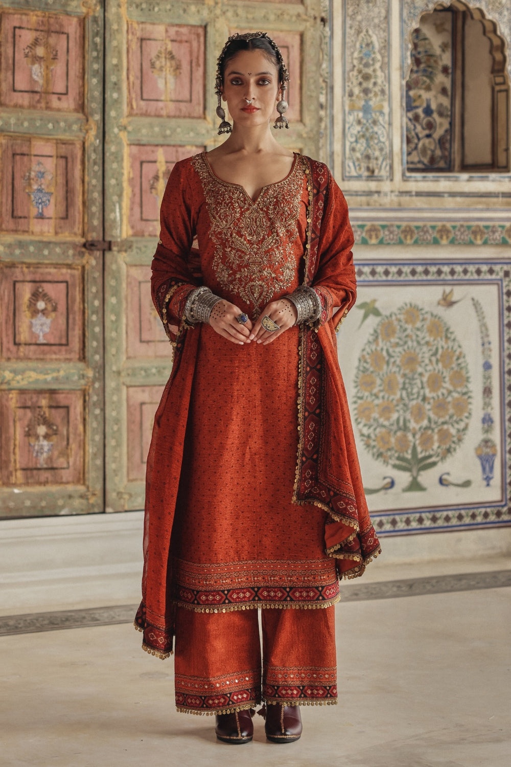 Rust Orange Kurta Set with Antique Gold Embroidered Yoke and Heritage Border Dupatta