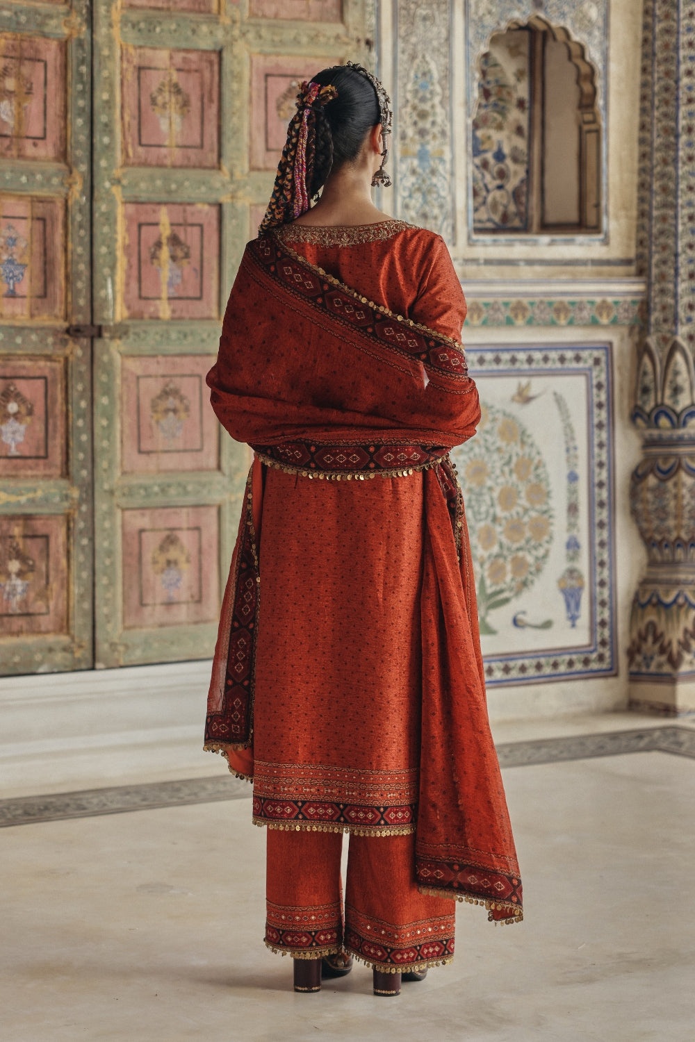 Rust Orange Kurta Set with Antique Gold Embroidered Yoke and Heritage Border Dupatta