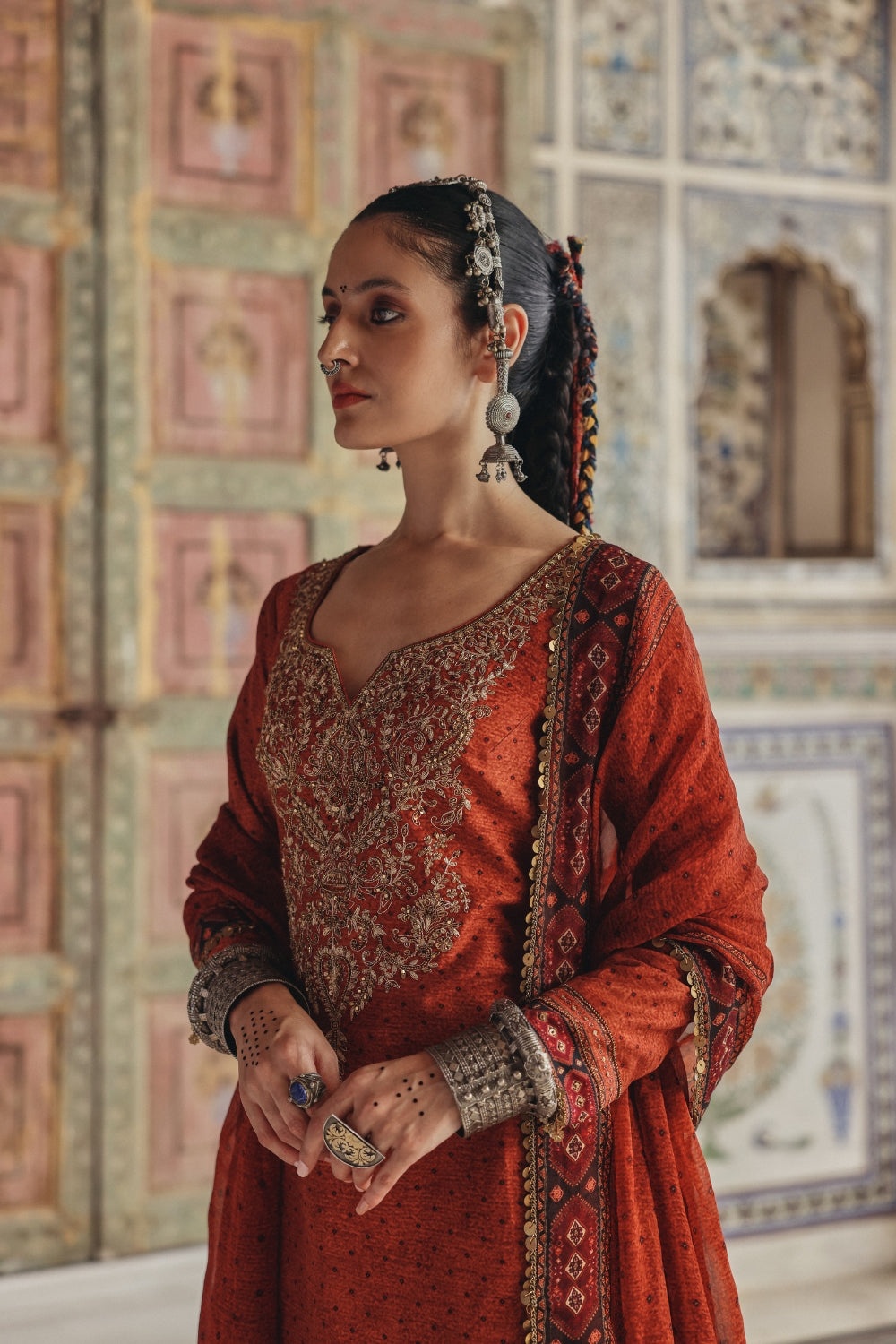 Rust Orange Kurta Set with Antique Gold Embroidered Yoke and Heritage Border Dupatta