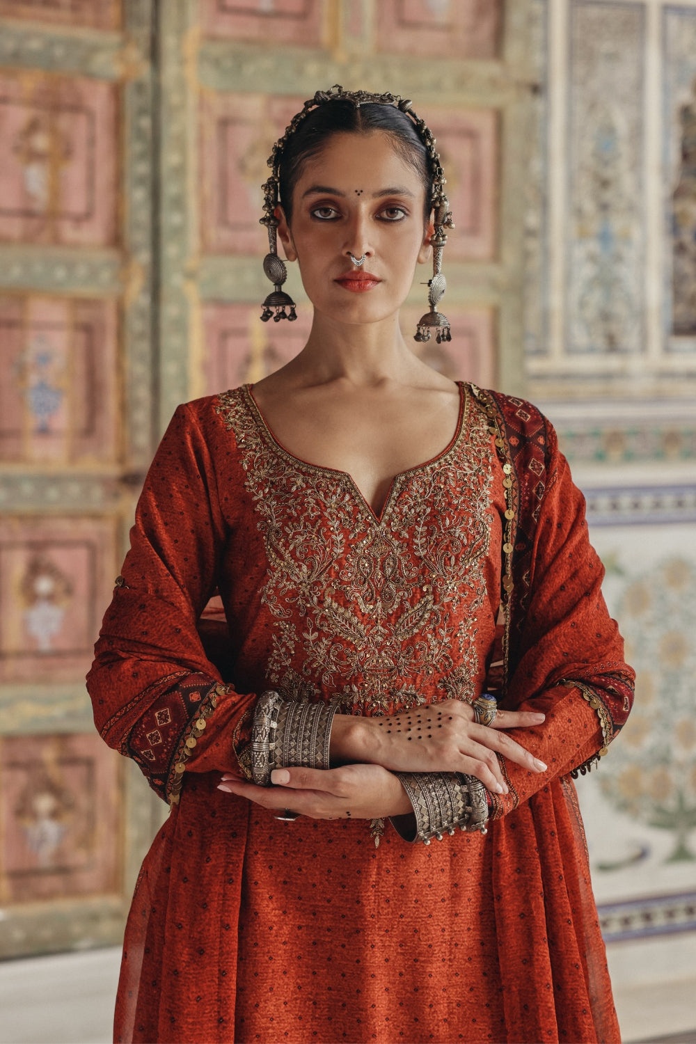 Rust Orange Kurta Set with Antique Gold Embroidered Yoke and Heritage Border Dupatta
