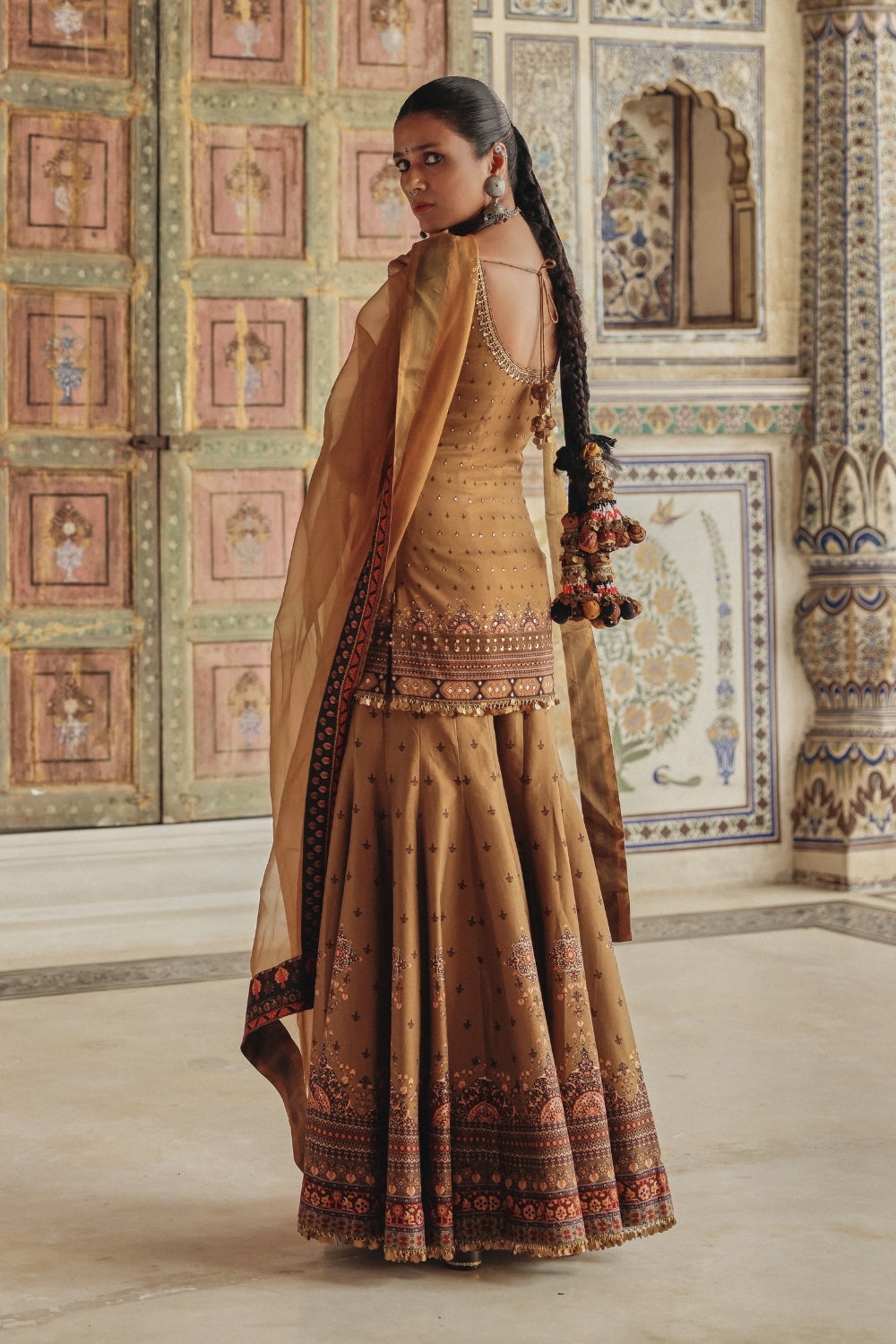 Camel Brown Sharara Set with Antique Gold Embroidery and Heritage Border Dupatta