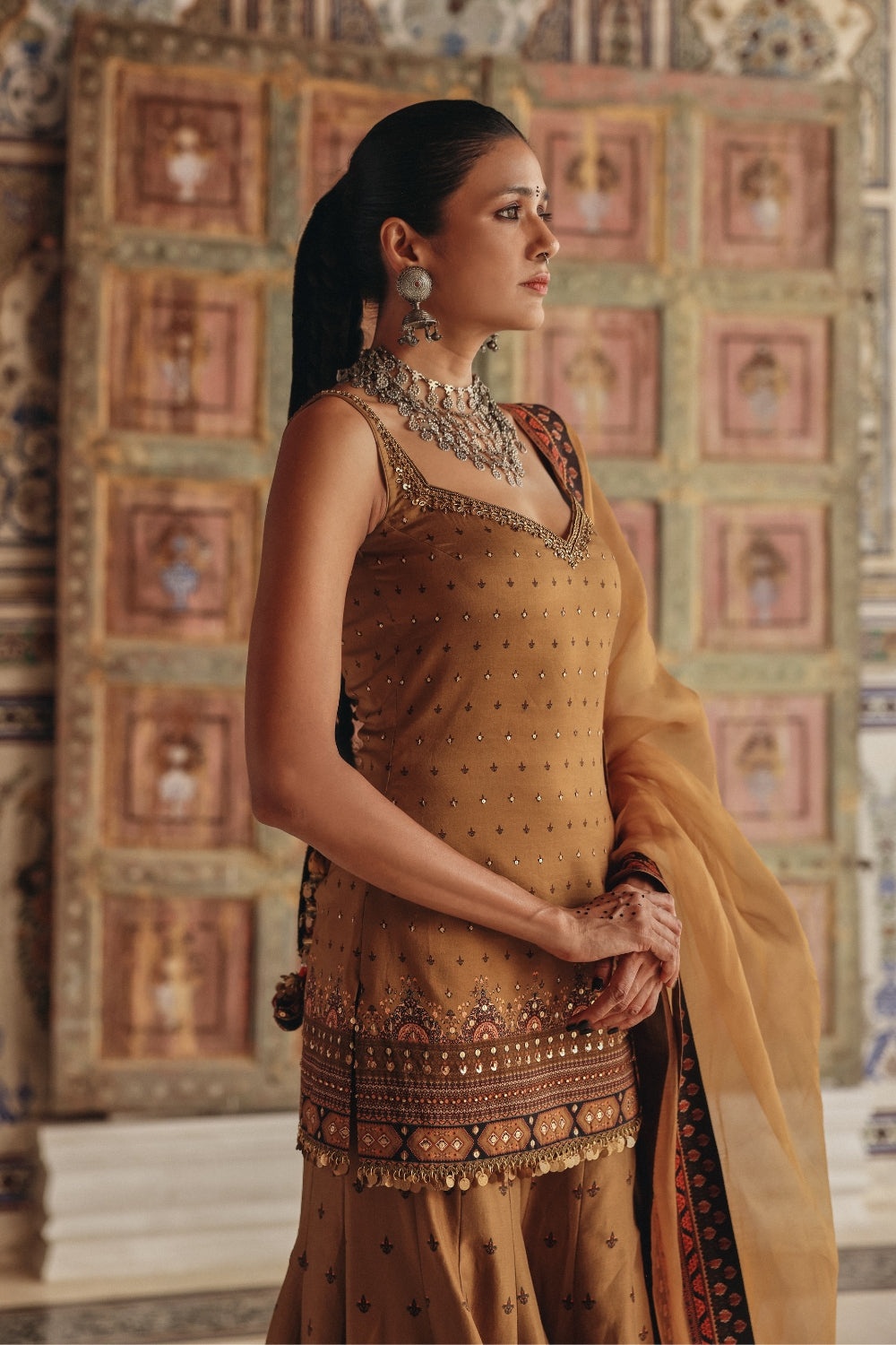 Camel Brown Sharara Set with Antique Gold Embroidery and Heritage Border Dupatta