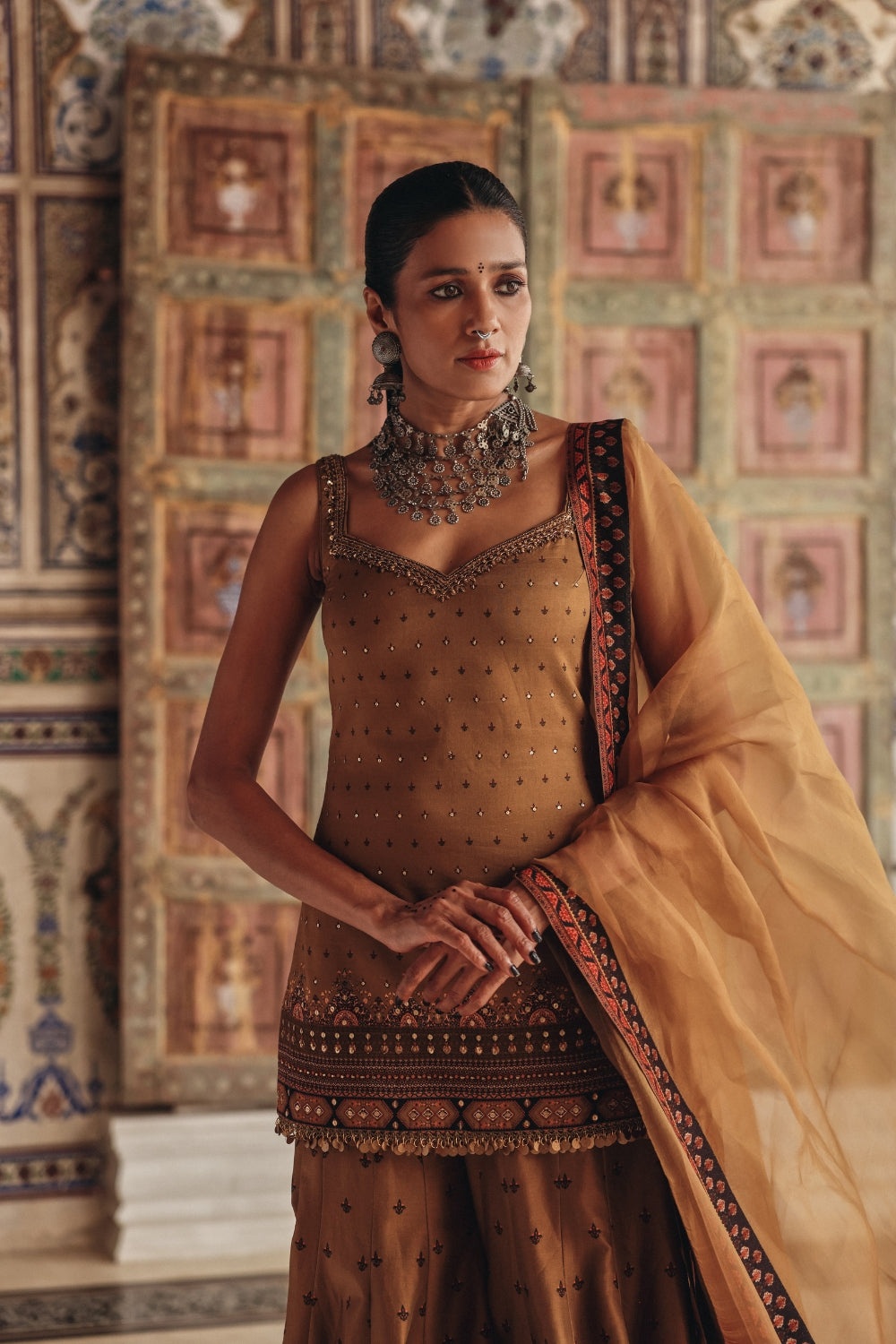 Camel Brown Sharara Set with Antique Gold Embroidery and Heritage Border Dupatta