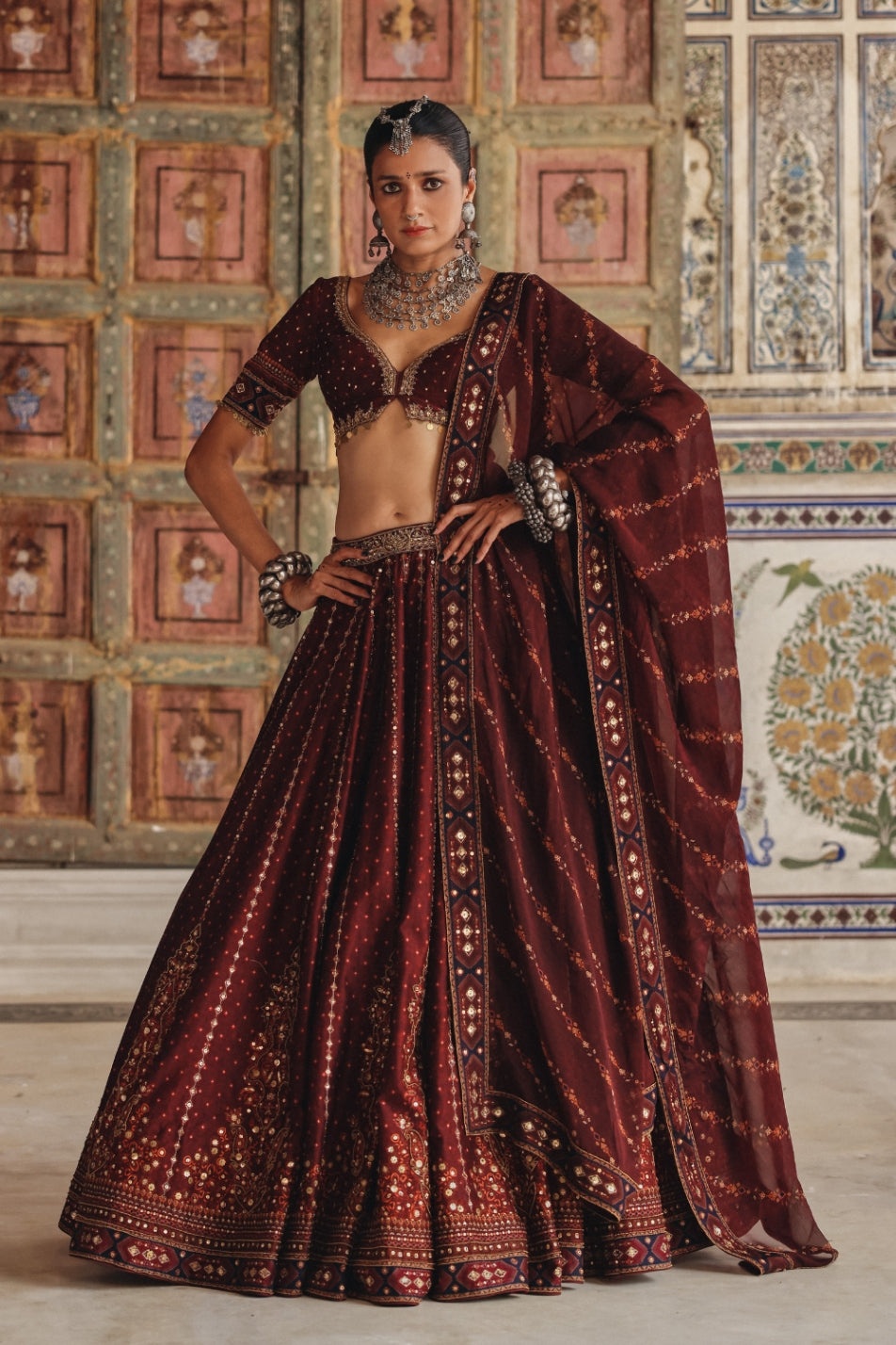 Deep Maroon Lehenga with Antique Gold Mirrorwork and Heritage Border Dupatta