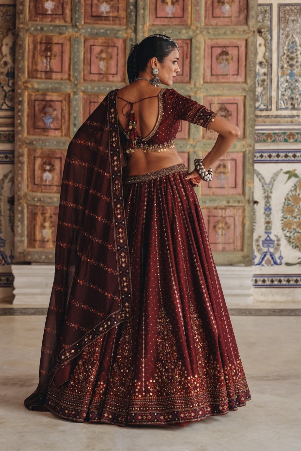 Deep Maroon Lehenga with Antique Gold Mirrorwork and Heritage Border Dupatta