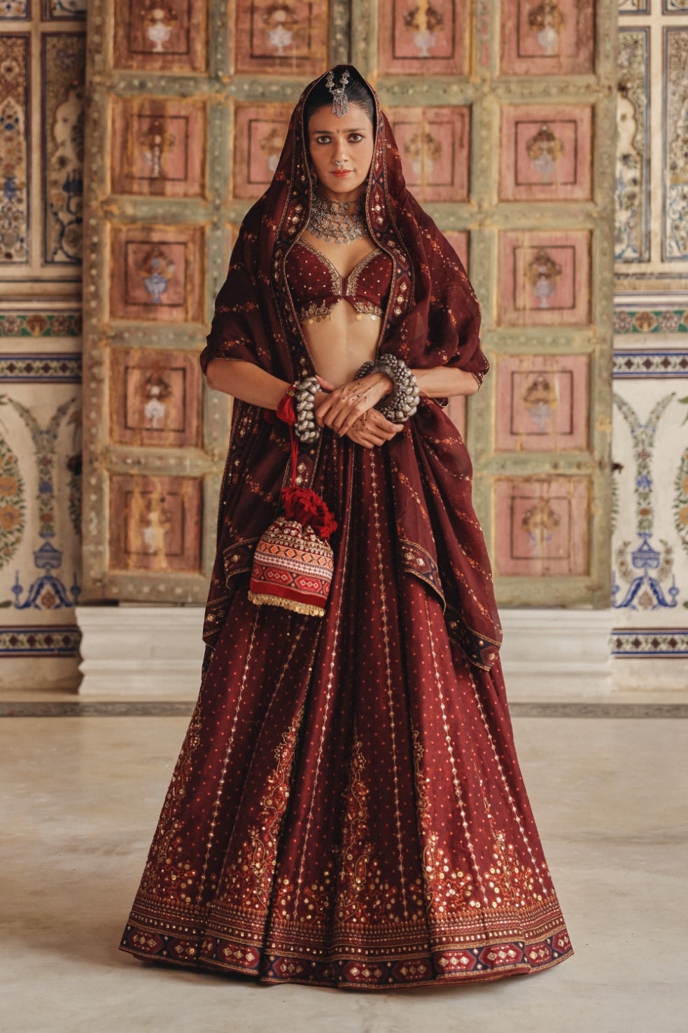Deep Maroon Lehenga with Antique Gold Mirrorwork and Heritage Border Dupatta
