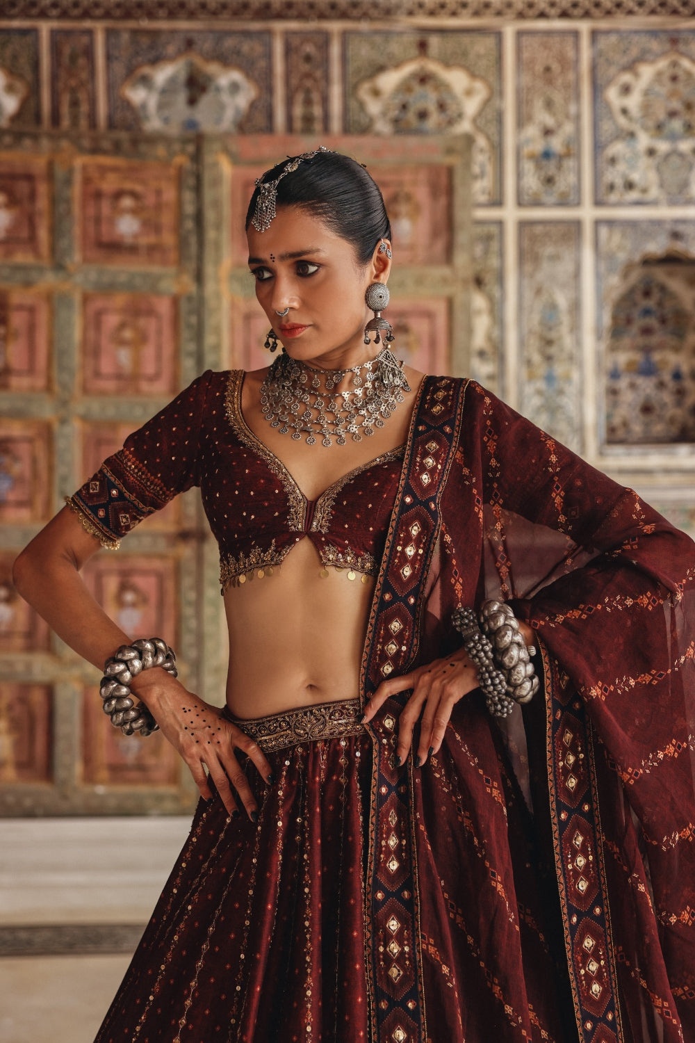 Deep Maroon Lehenga with Antique Gold Mirrorwork and Heritage Border Dupatta