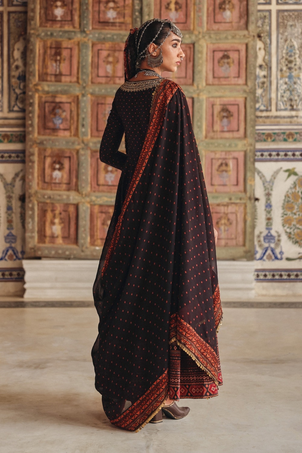 Midnight Navy Anarkali with Antique Gold Embroidery and Heritage Border Dupatta