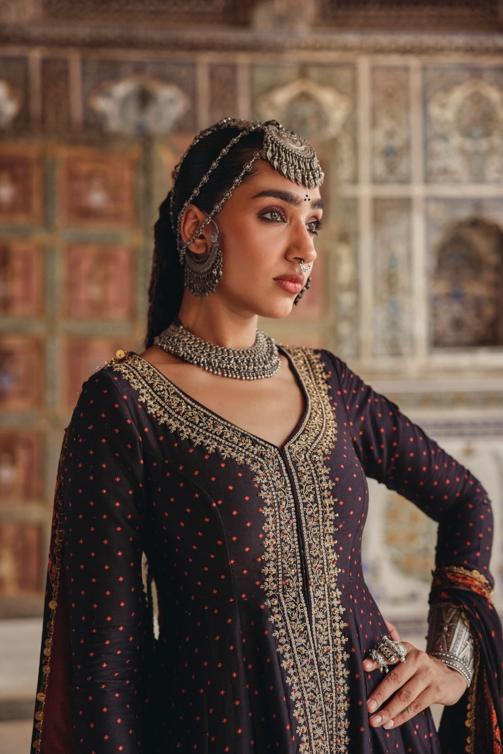 Midnight Navy Anarkali with Antique Gold Embroidery and Heritage Border Dupatta