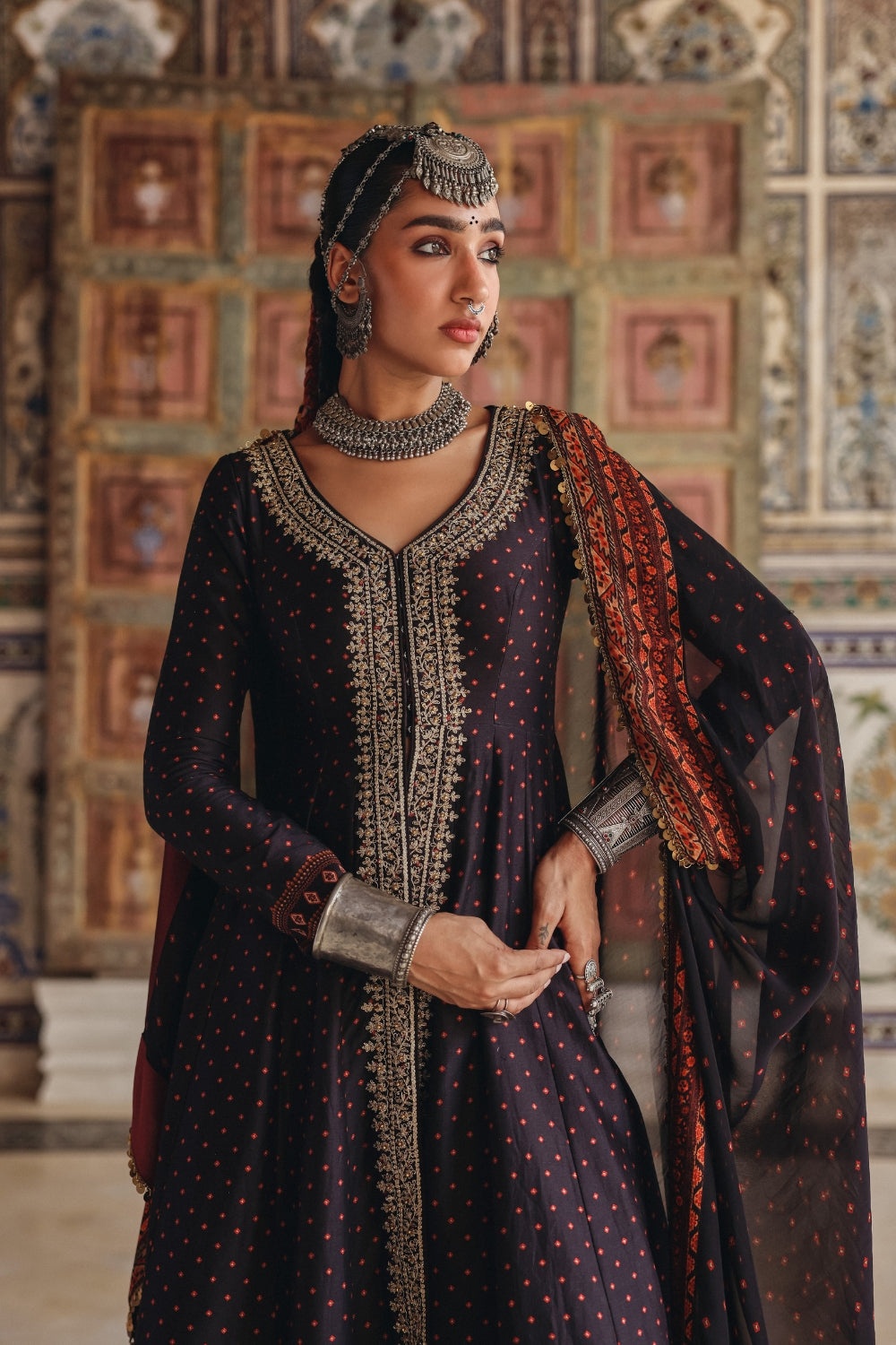 Midnight Navy Anarkali with Antique Gold Embroidery and Heritage Border Dupatta