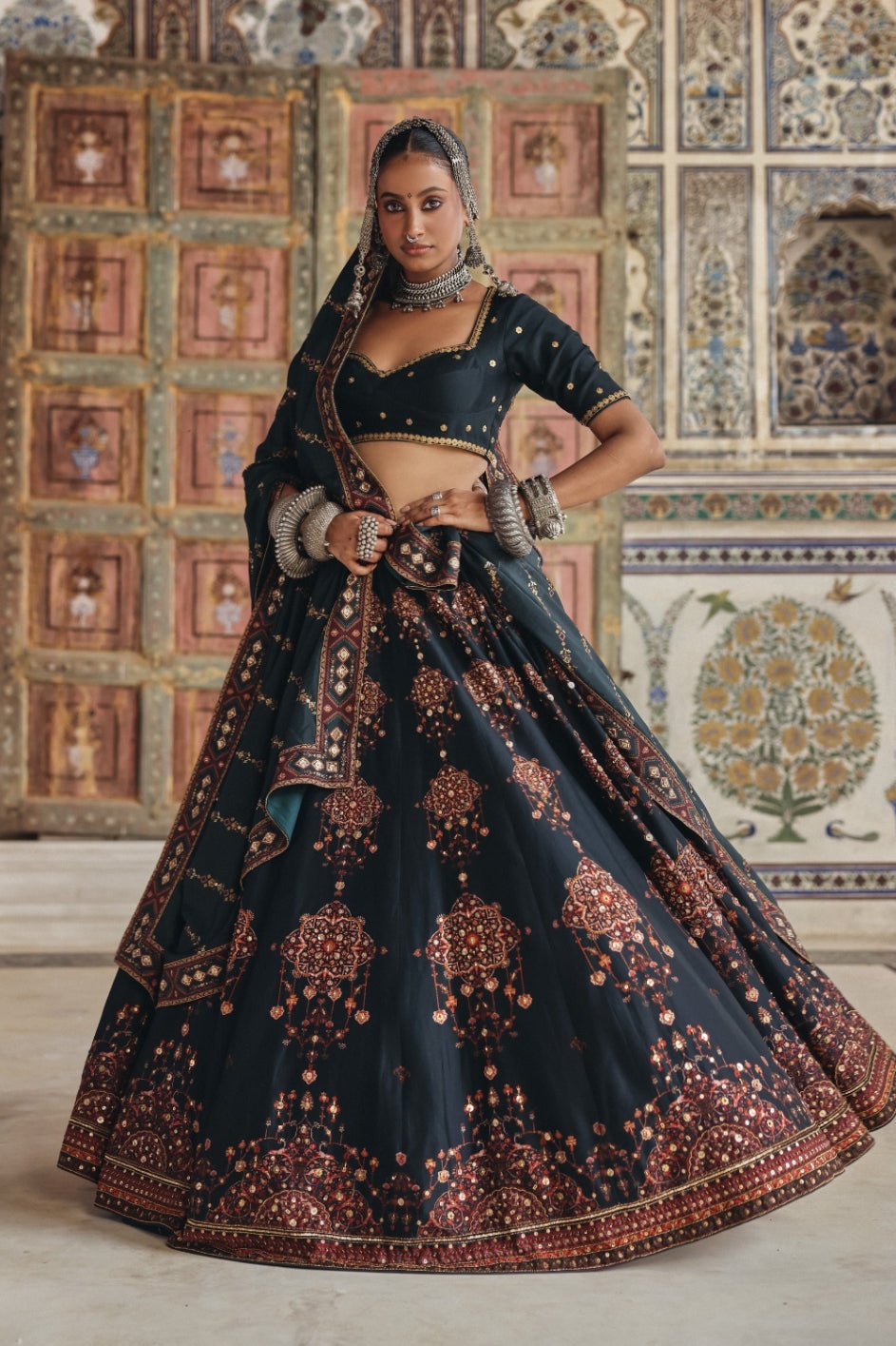 Deep Teal Lehenga with Antique Gold Mirrorwork and Heritage Motif Embroidery