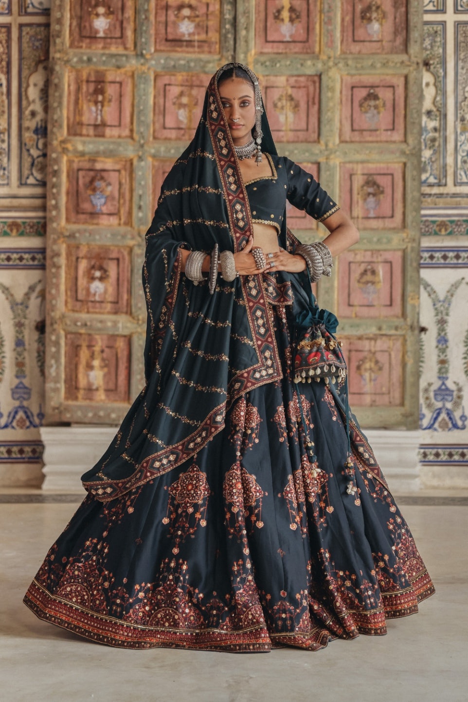 Deep Teal Lehenga with Antique Gold Mirrorwork and Heritage Motif Embroidery