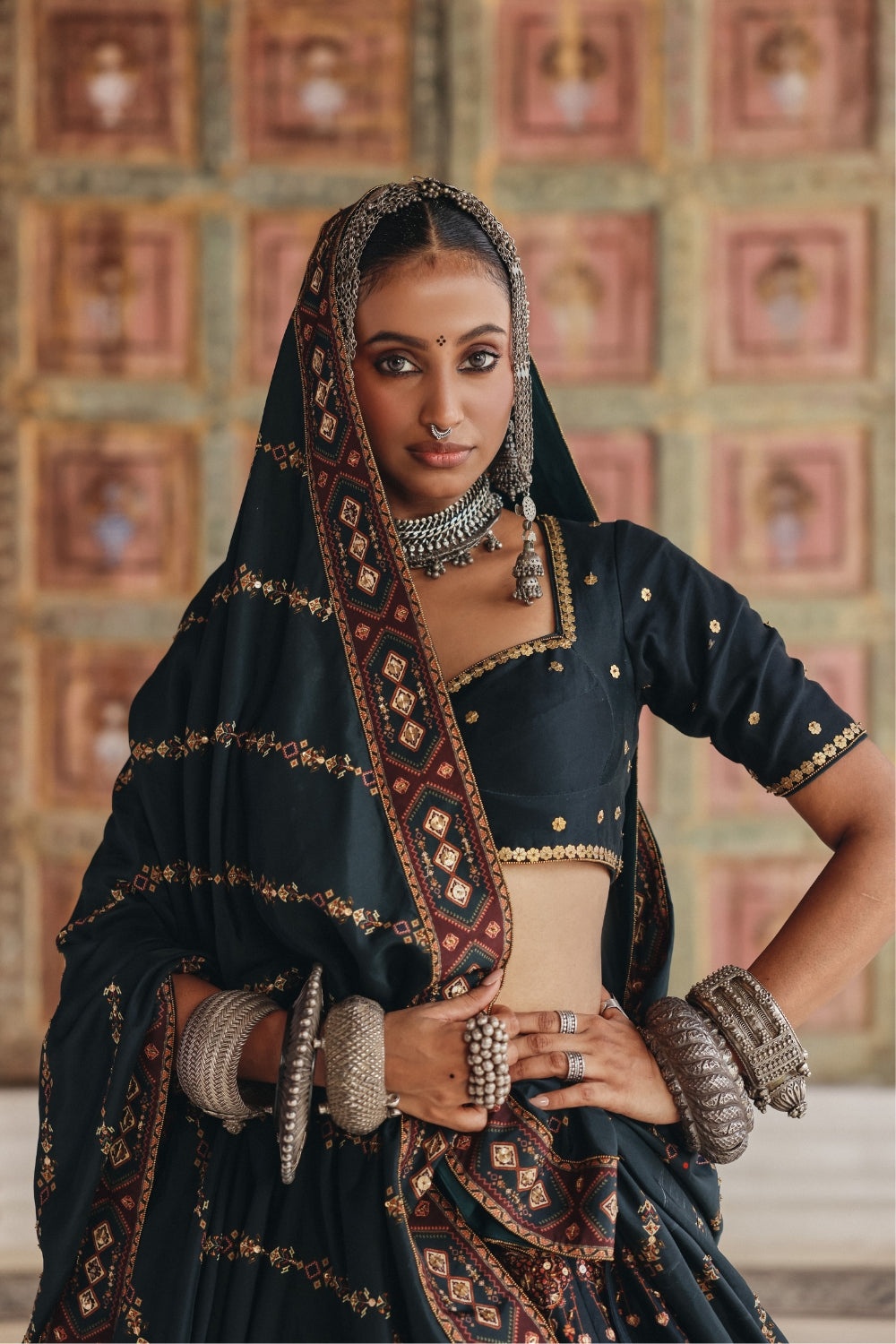 Deep Teal Lehenga with Antique Gold Mirrorwork and Heritage Motif Embroidery