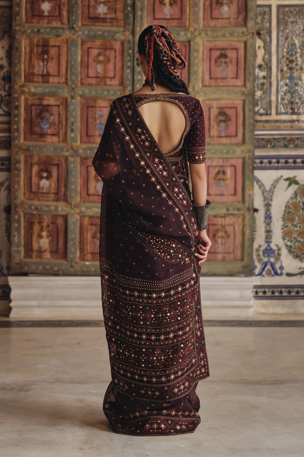Deep Plum Sari with Antique Gold Motifs and Heritage Border Embroidery