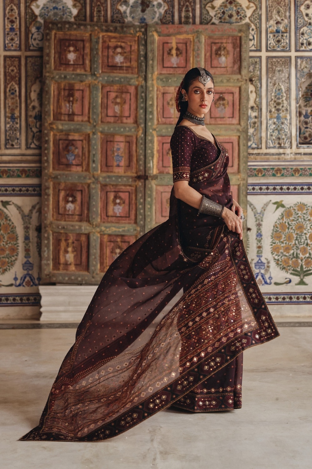 Deep Plum Sari with Antique Gold Motifs and Heritage Border Embroidery