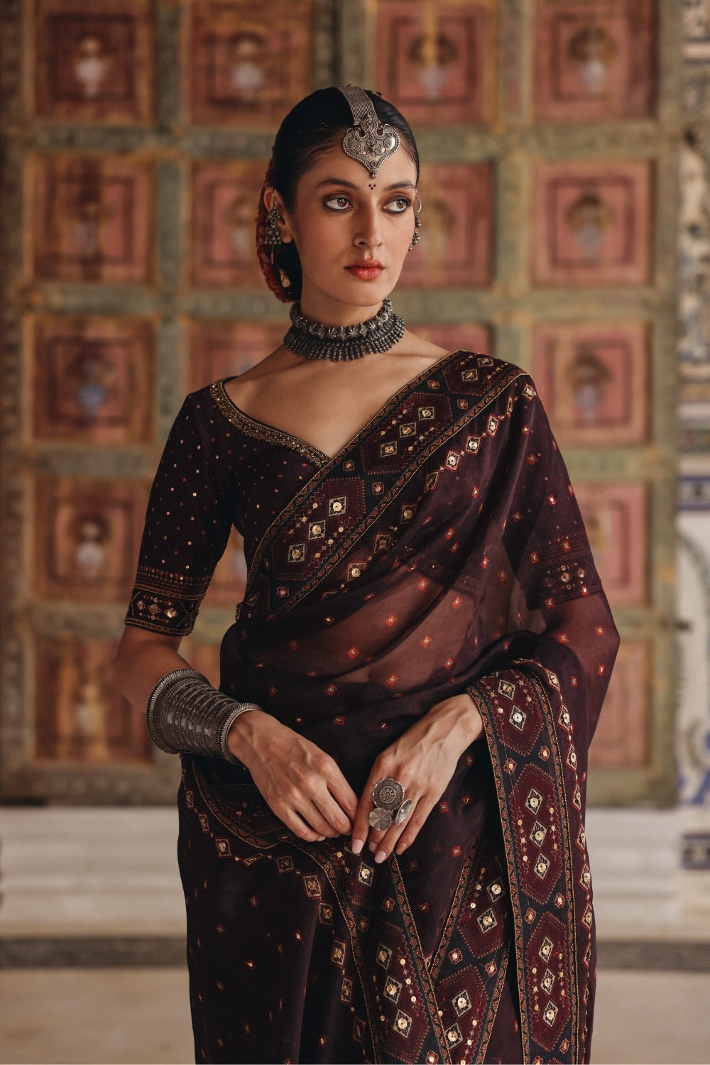 Deep Plum Sari with Antique Gold Motifs and Heritage Border Embroidery
