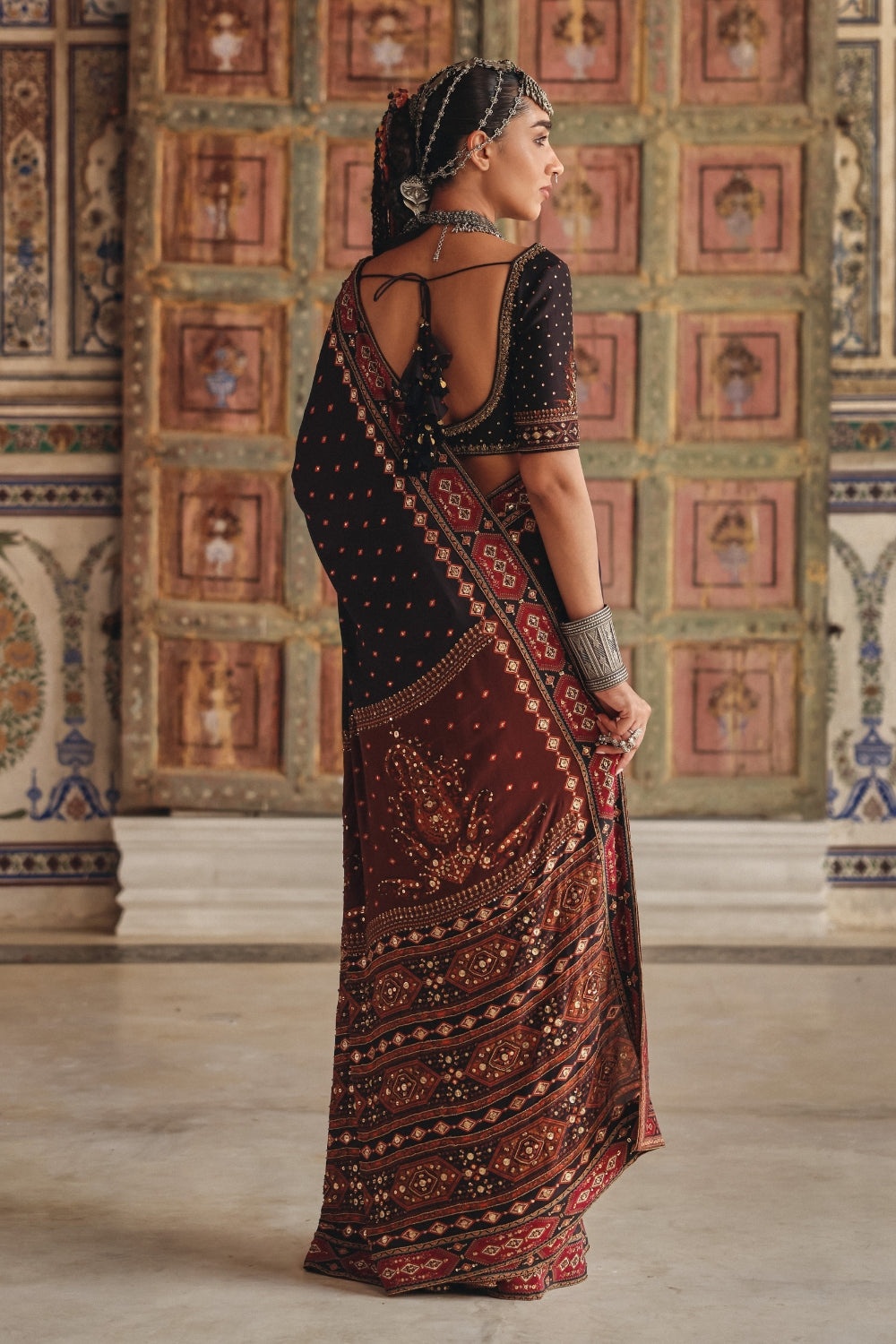 Deep Brown Sari with Antique Gold Motifs and Heritage Geometric Border