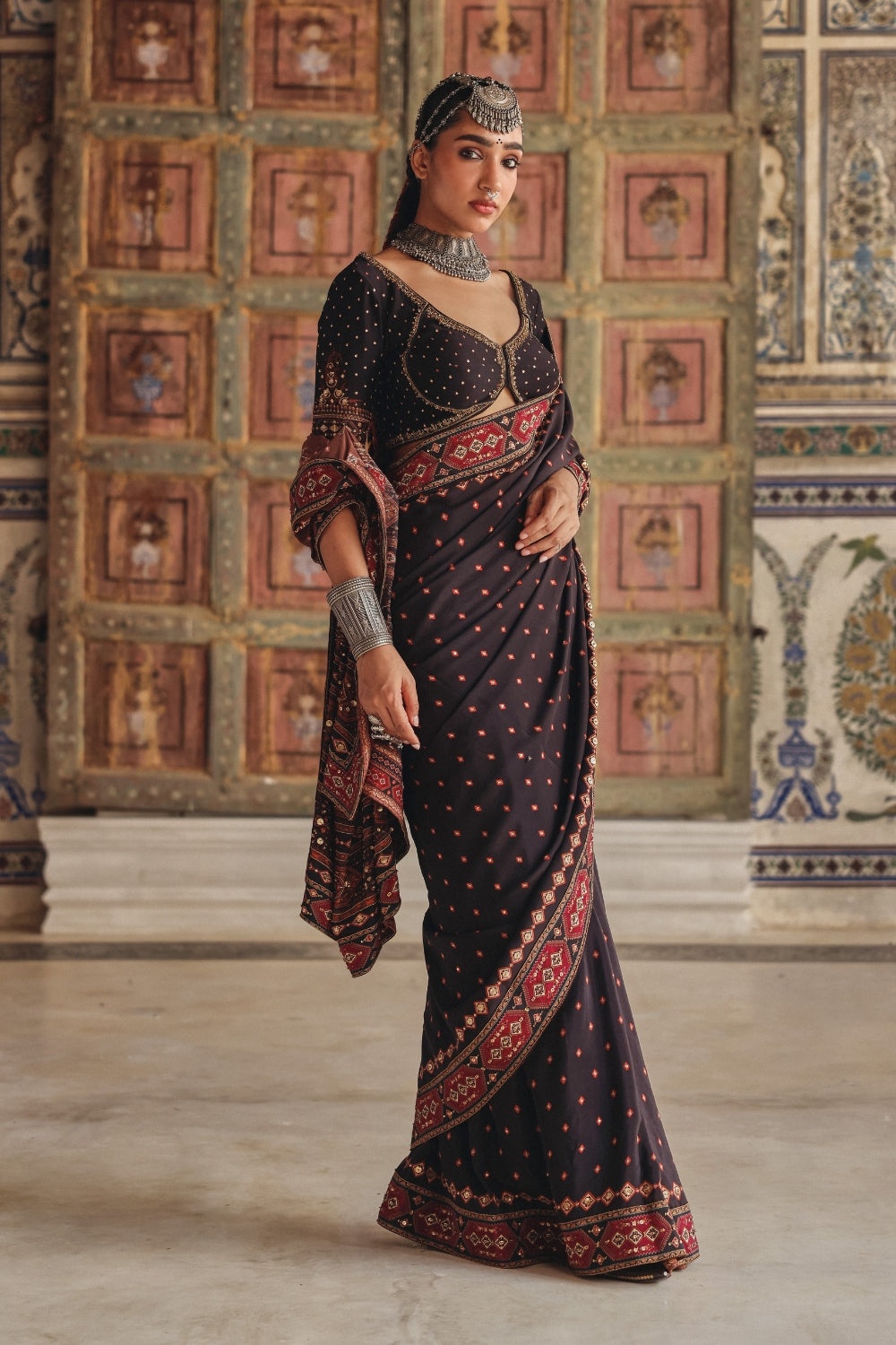 Deep Brown Sari with Antique Gold Motifs and Heritage Geometric Border