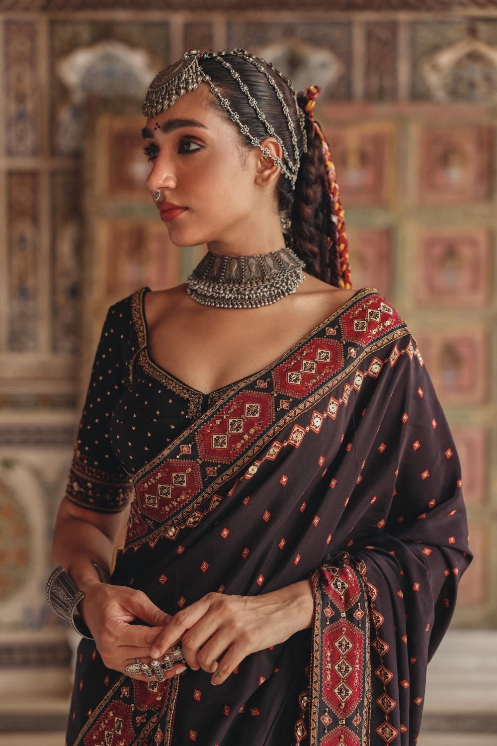 Deep Brown Sari with Antique Gold Motifs and Heritage Geometric Border