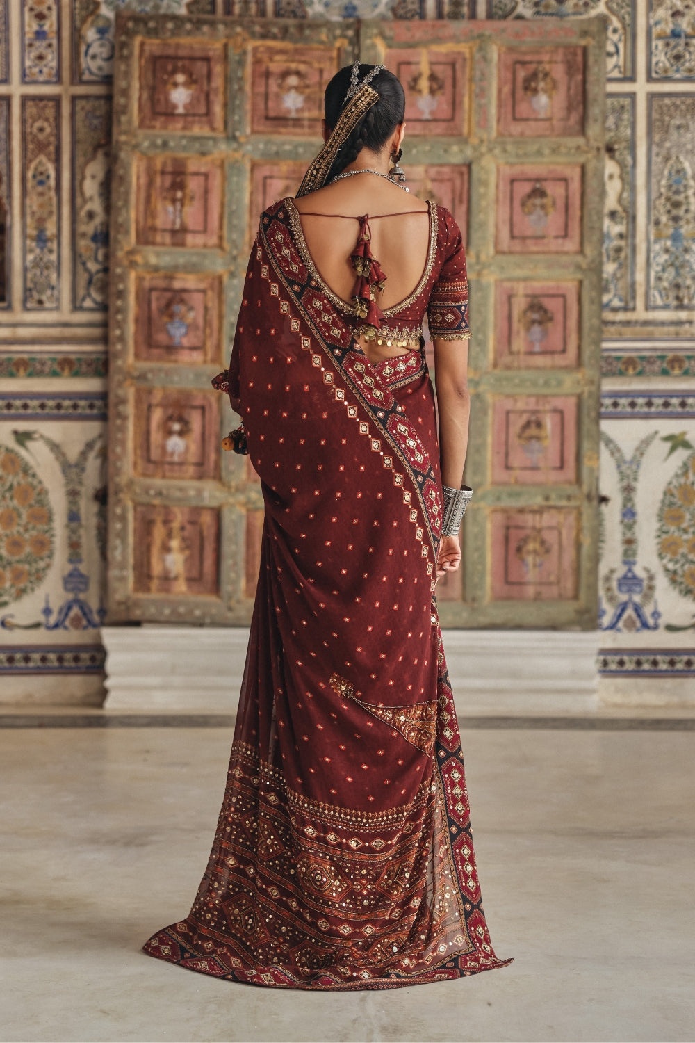 Deep Maroon Sari with Antique Gold Motifs and Heritage Geometric Border
