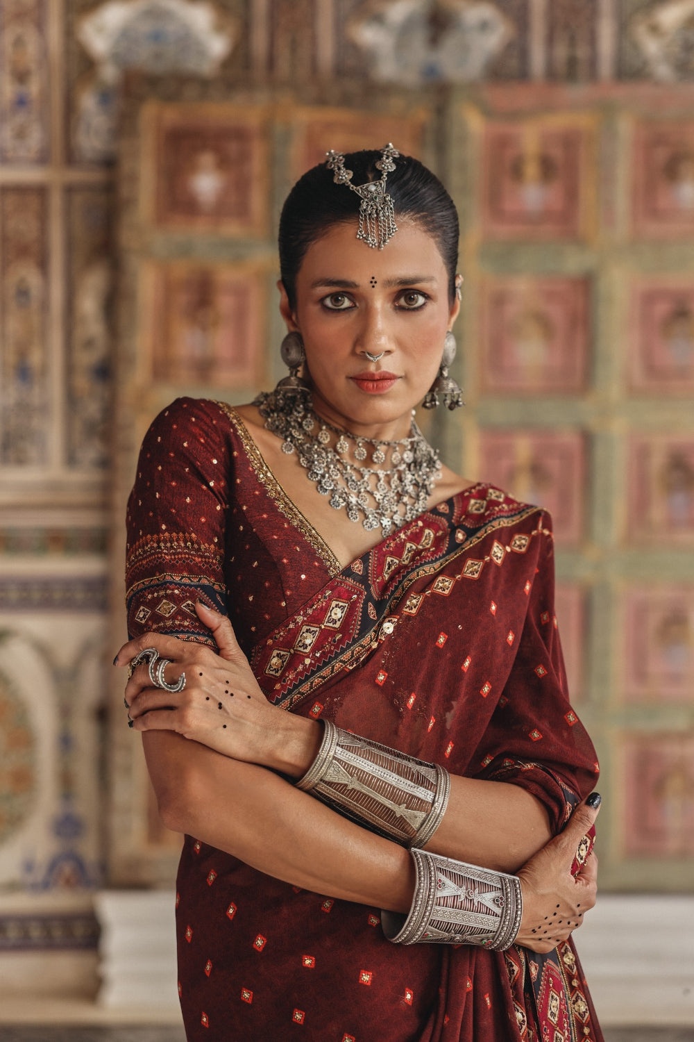 Deep Maroon Sari with Antique Gold Motifs and Heritage Geometric Border