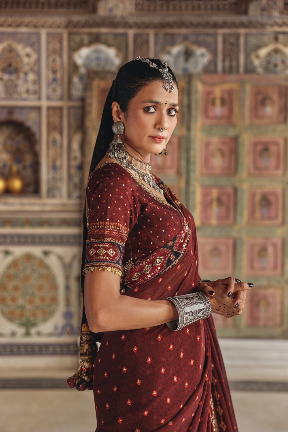 Deep Maroon Sari with Antique Gold Motifs and Heritage Geometric Border
