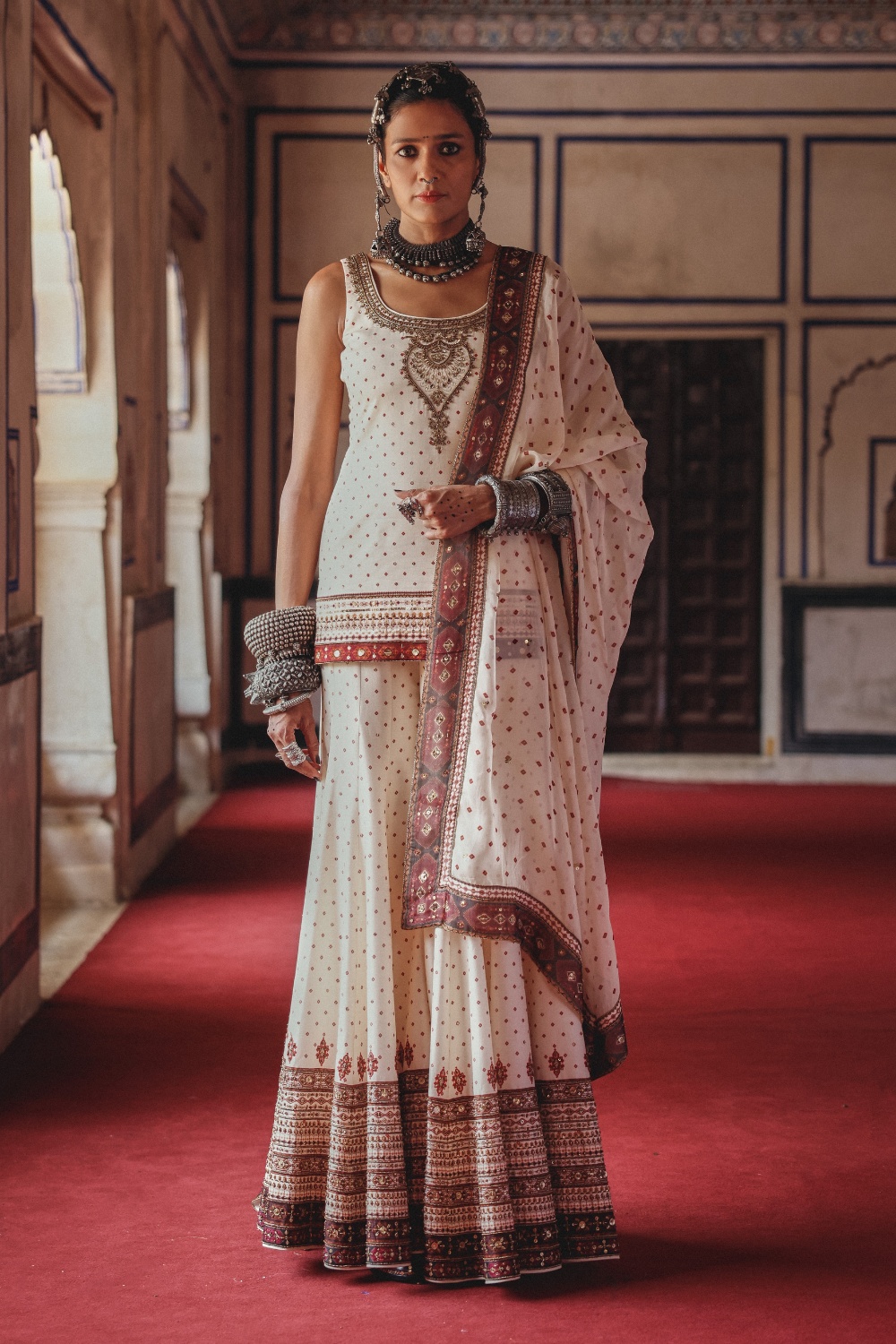 Ivory Sharara Set with Antique Gold Embroidery and Heritage Border Dupatta