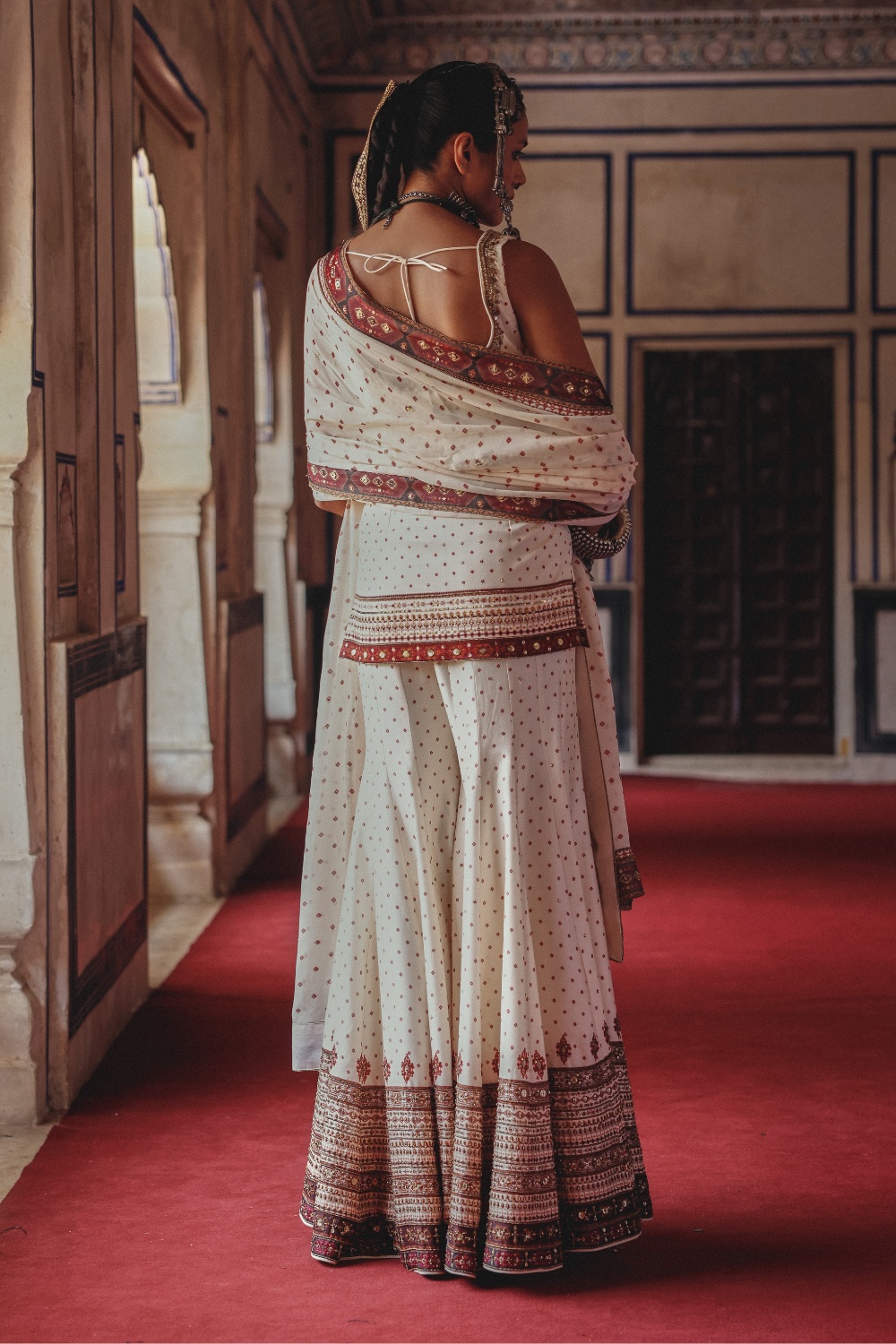 Ivory Sharara Set with Antique Gold Embroidery and Heritage Border Dupatta