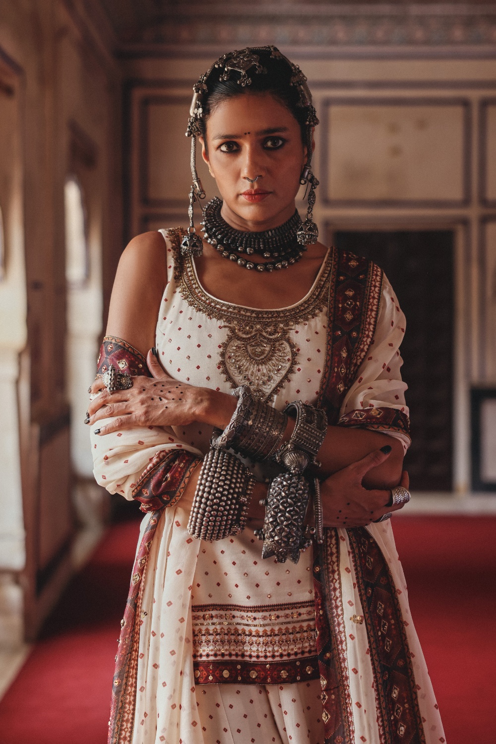 Ivory Sharara Set with Antique Gold Embroidery and Heritage Border Dupatta