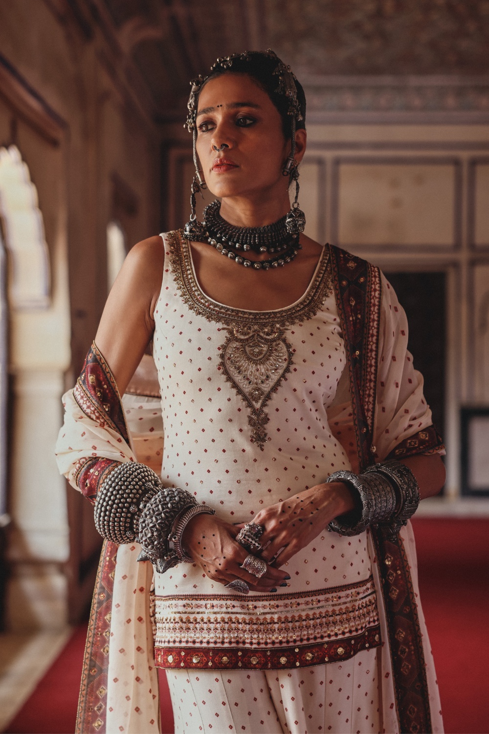 Ivory Sharara Set with Antique Gold Embroidery and Heritage Border Dupatta